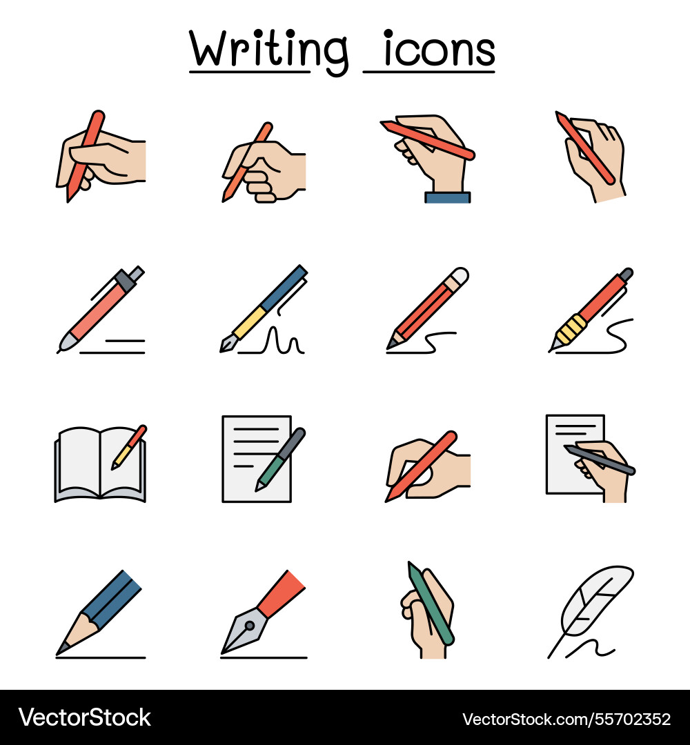 Writing icon set in colorline style Writing icon set in colorline style vector image