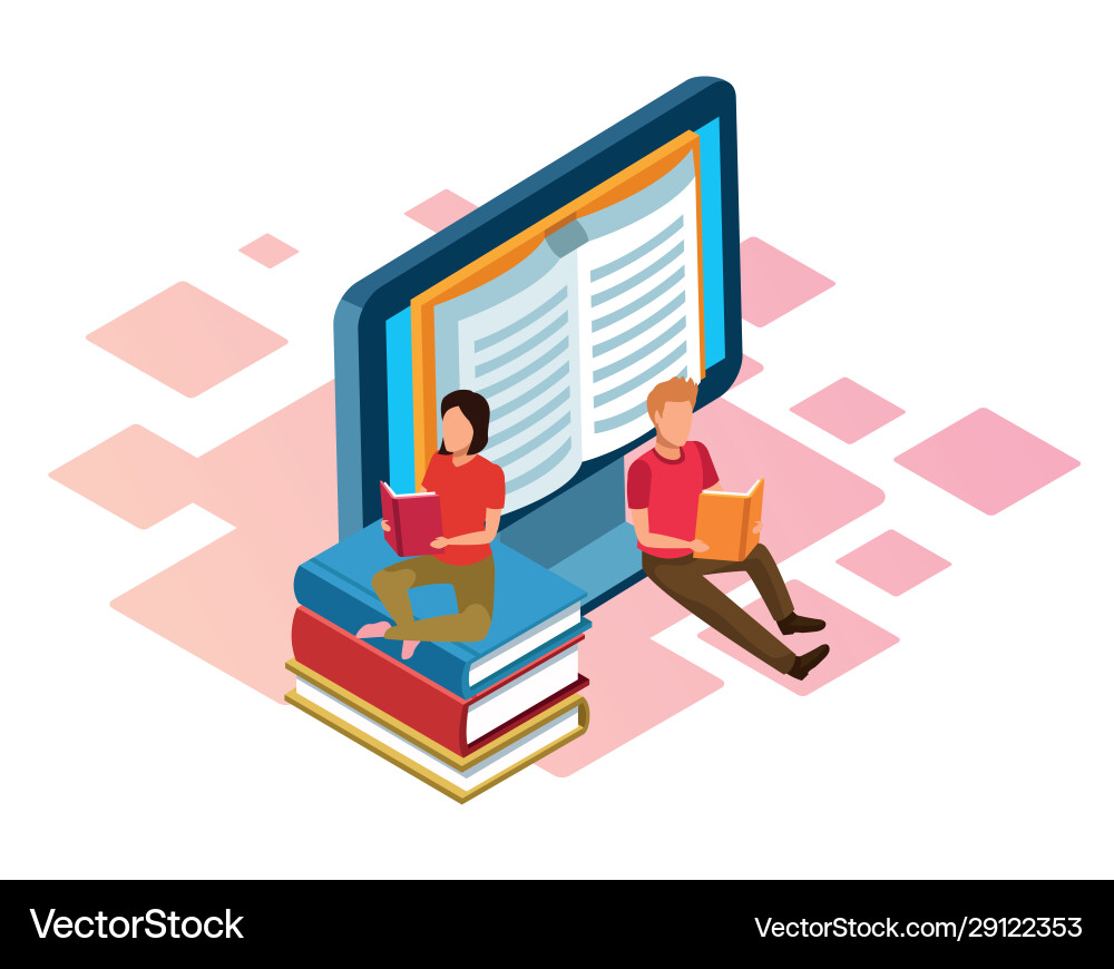Computer with book on screen and people reading Vector Image
