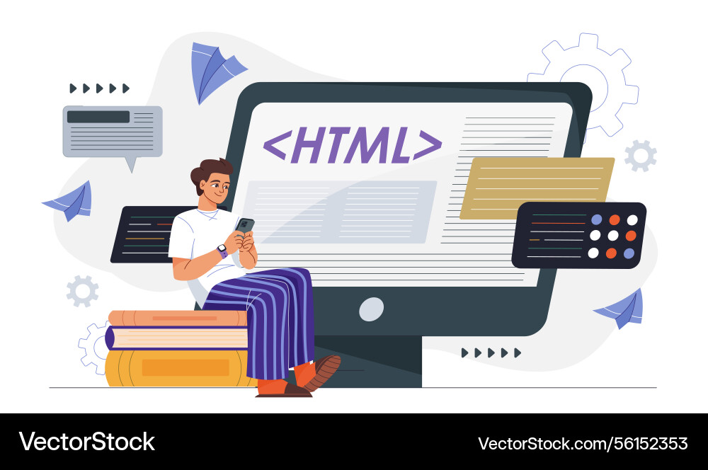 Junge Entwickler lernen HTML-Code Vektorbild