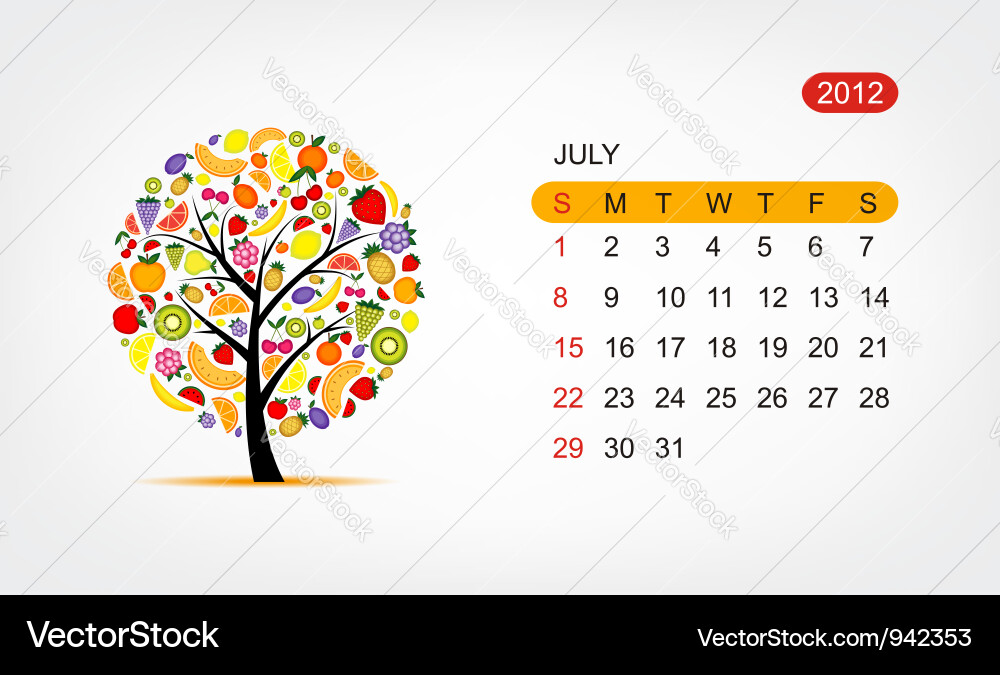 Kalender 2012 Juli Kunst Baum Design Vektorbild