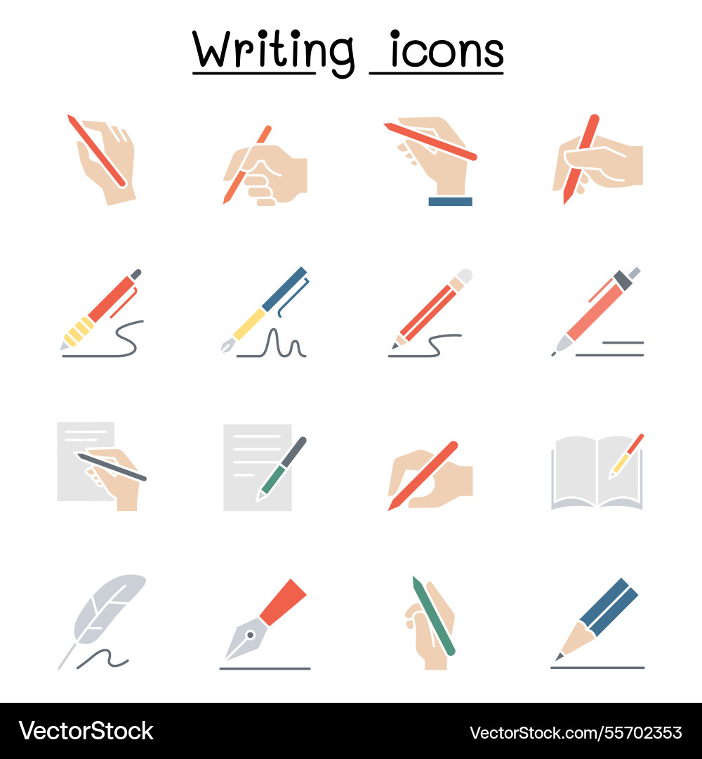 Writing icon set in flat color style Writing icon set in flat color style vector image