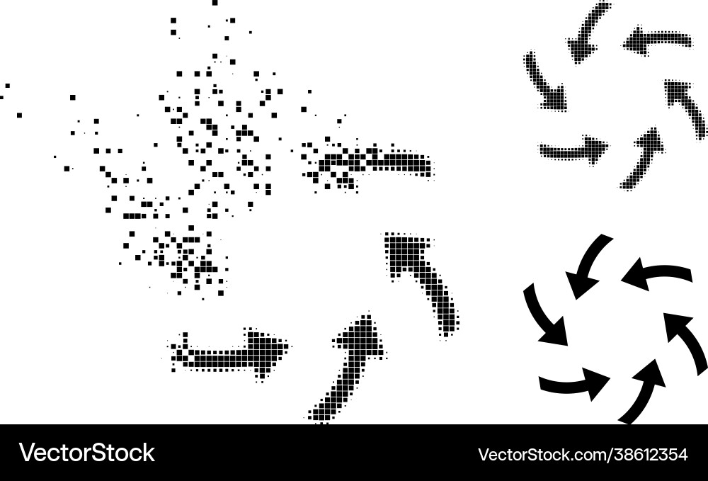 Dissolved and halftone pixelated swirl arrows Dissolved and halftone pixelated swirl arrows Vector Image