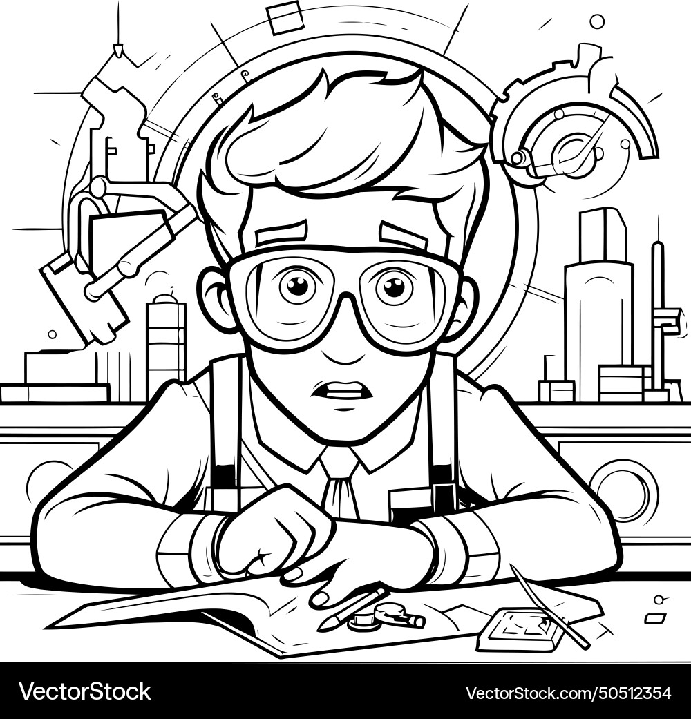 Engineer at work black and white drawing Vector Image