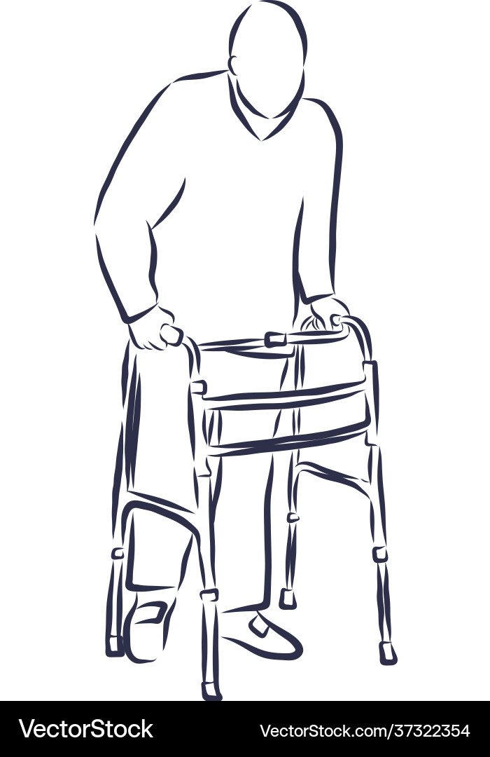 Old man using a walker while walking away Old man using a walker while walking away vector image