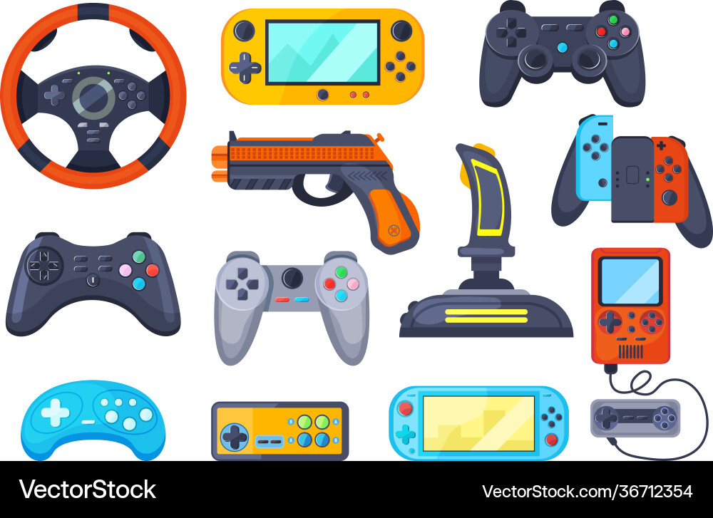 Set game console gamepad playing joystick video Set game console gamepad playing joystick video vector image