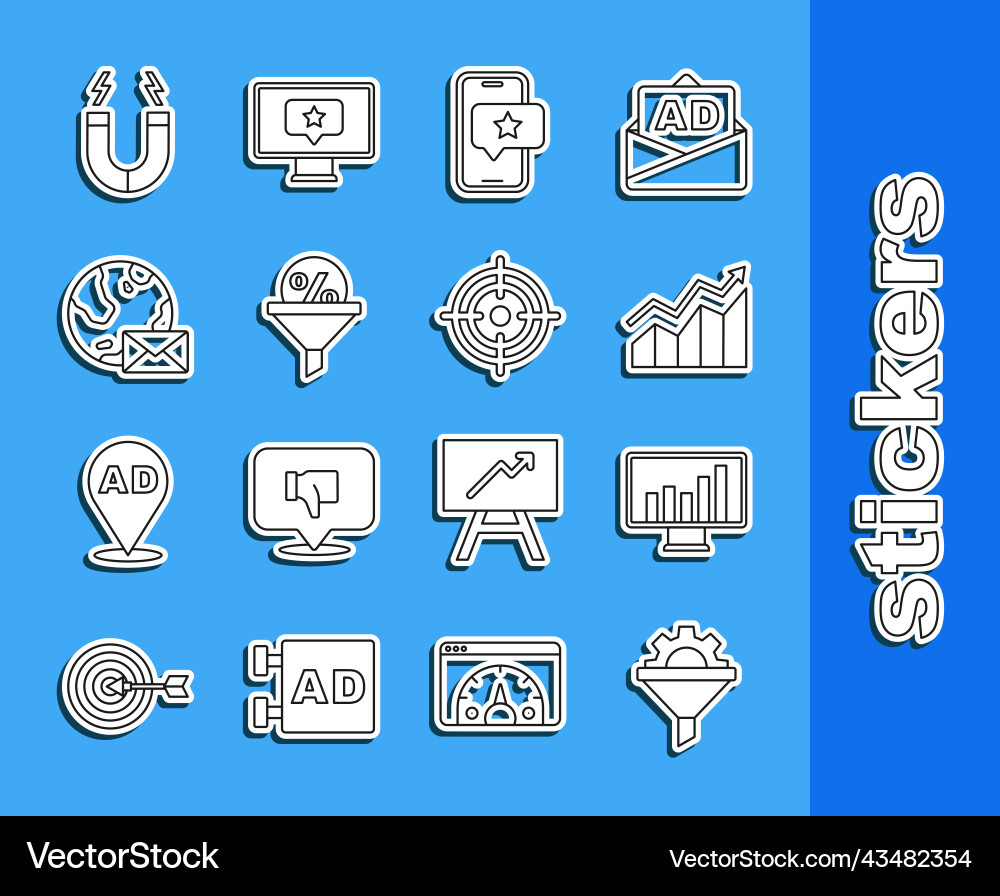 Set line sales funnel with gear monitor graph Vector Image