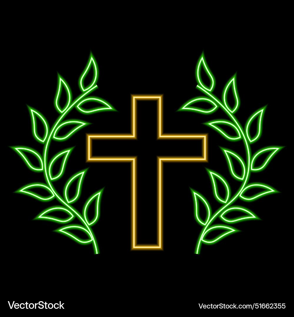Christian cross and laurel in neon effect Christian cross and laurel in neon effect vector image