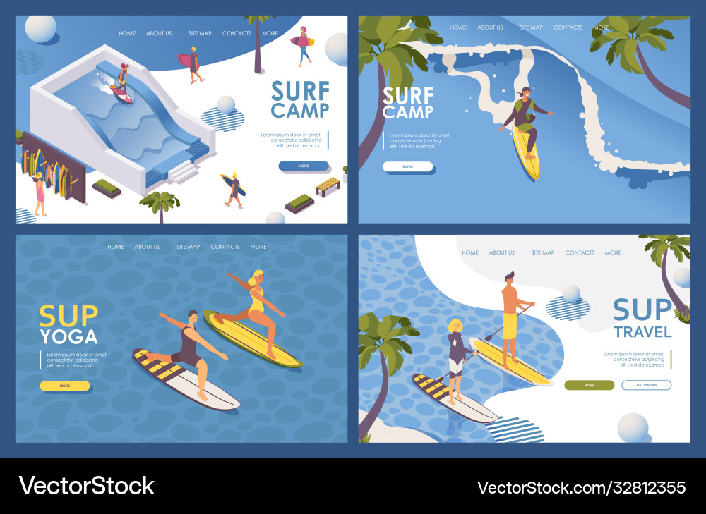 Setzen Sie Landing Pages isometrisch für die Surfschule Setzen Sie Landing Pages isometrisch für die Surfschule vektorbild