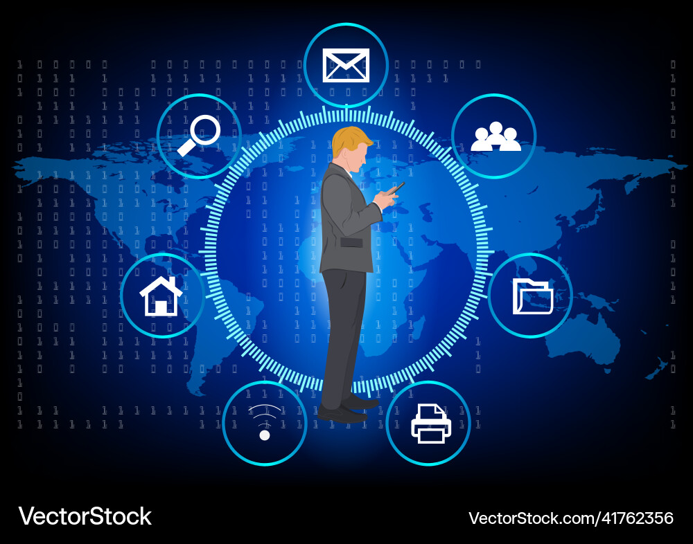 Drawing business man using smartphone connection Vector Image
