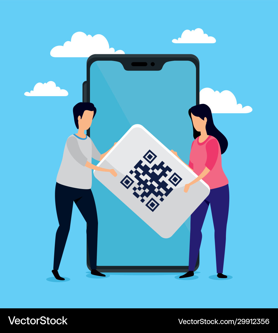 Scan code qr with smartphone and business couple Scan code qr with smartphone and business couple vector image