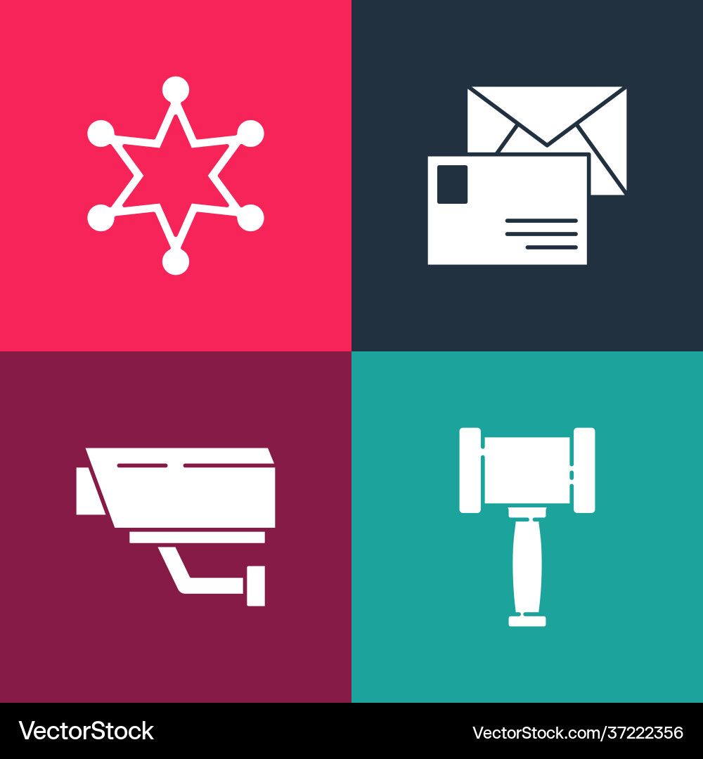 Set pop art judge gavel security camera envelope Vector Image
