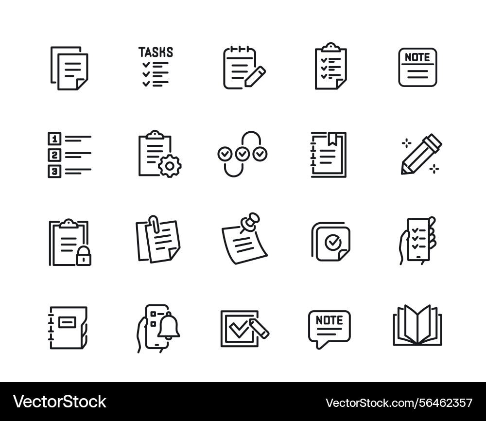 Note and task line icons set simple symbols vector image