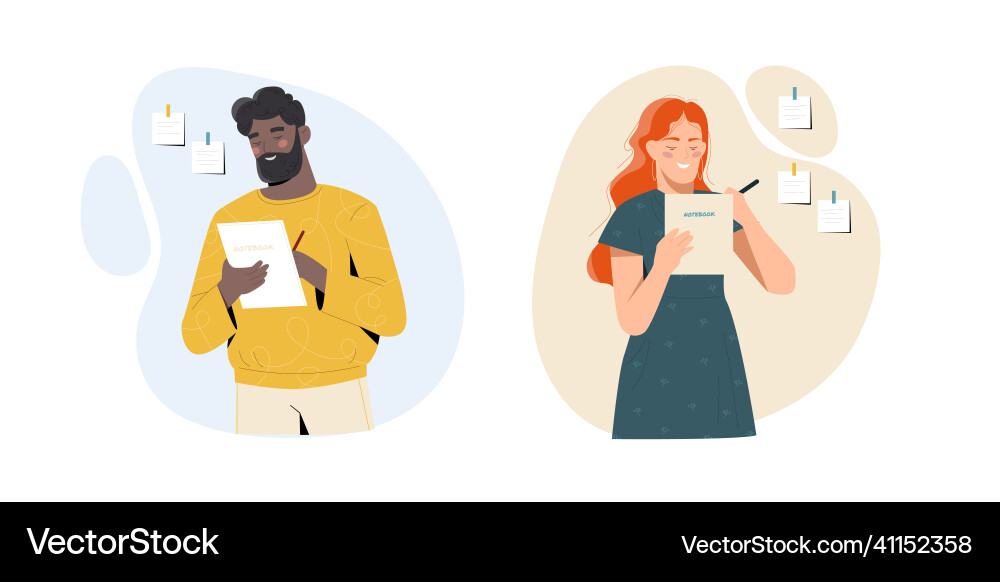 Set of characters taking notes in notebook Set of characters taking notes in notebook vector image