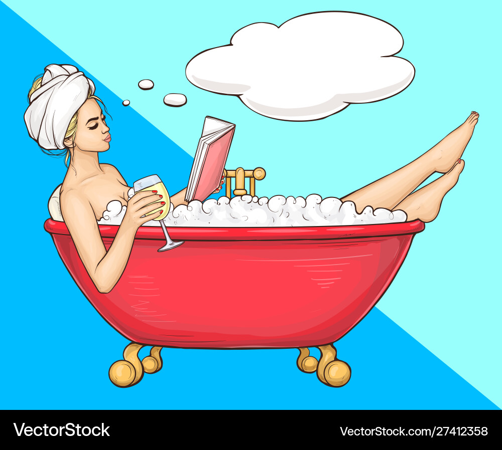 Woman having bath in bathtub with book and wine vector image