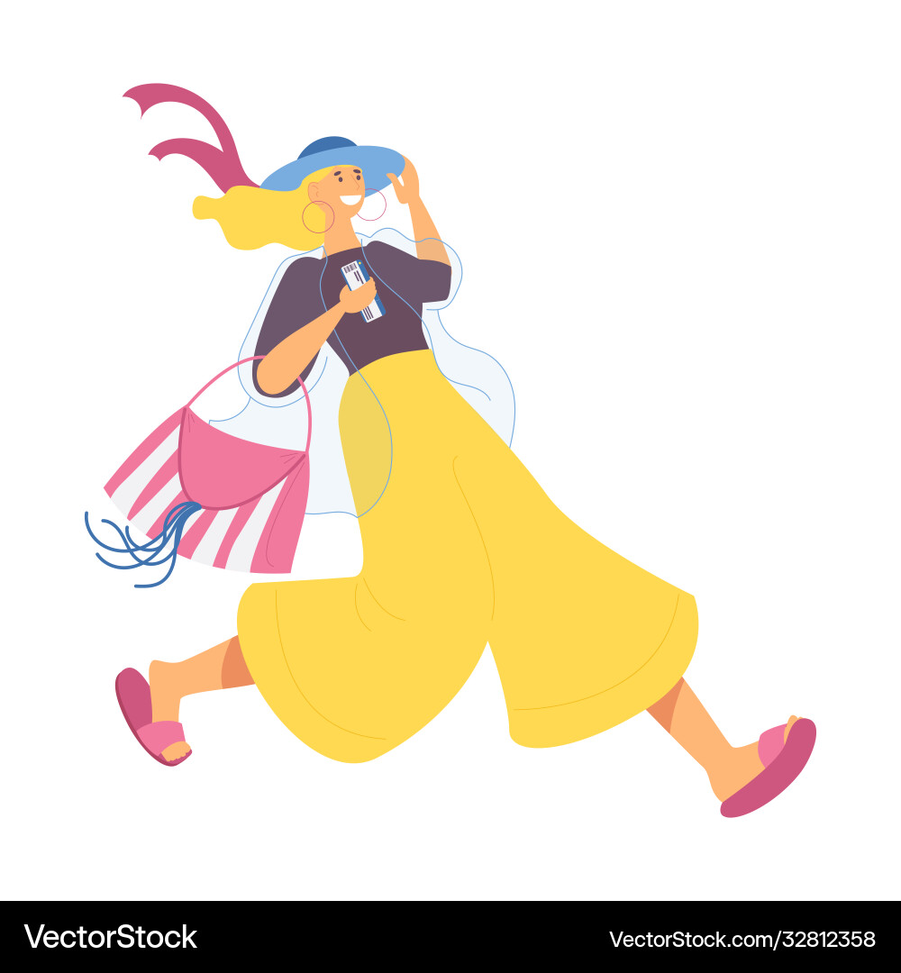 Young woman running with summer hat bag and avia Young woman running with summer hat bag and avia vector image