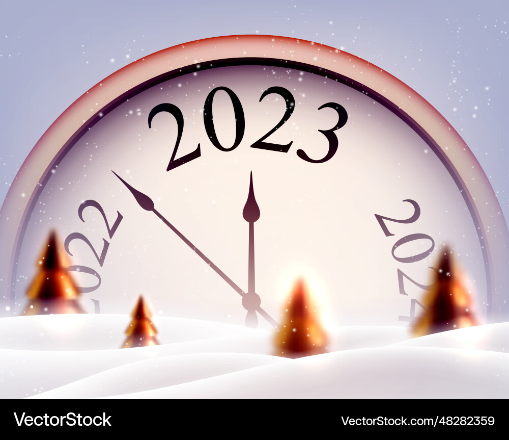 Clock showing 2023 in snowdrift with red fir trees Clock showing 2023 in snowdrift with red fir trees vector image