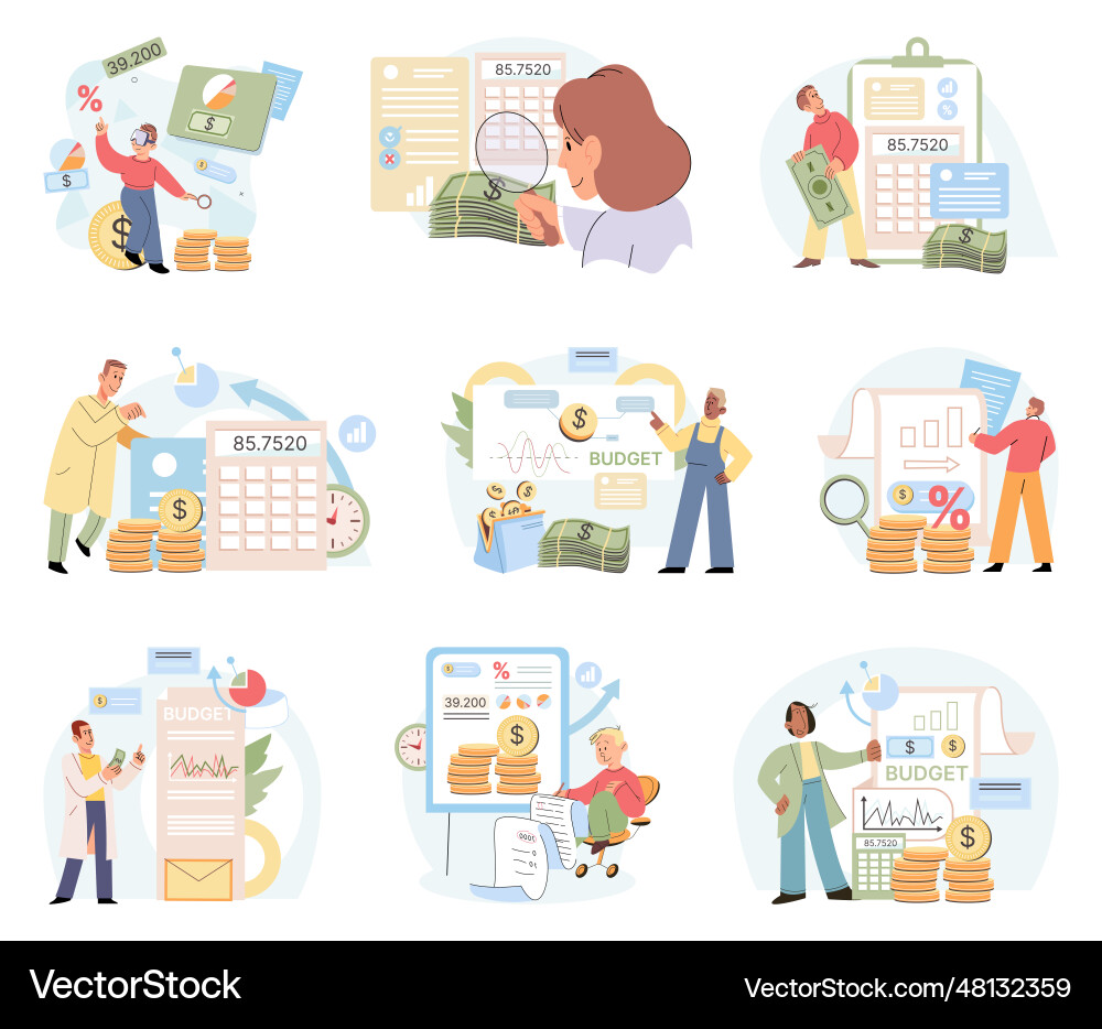 Set of people analyzing personal or corporate Set of people analyzing personal or corporate vector image