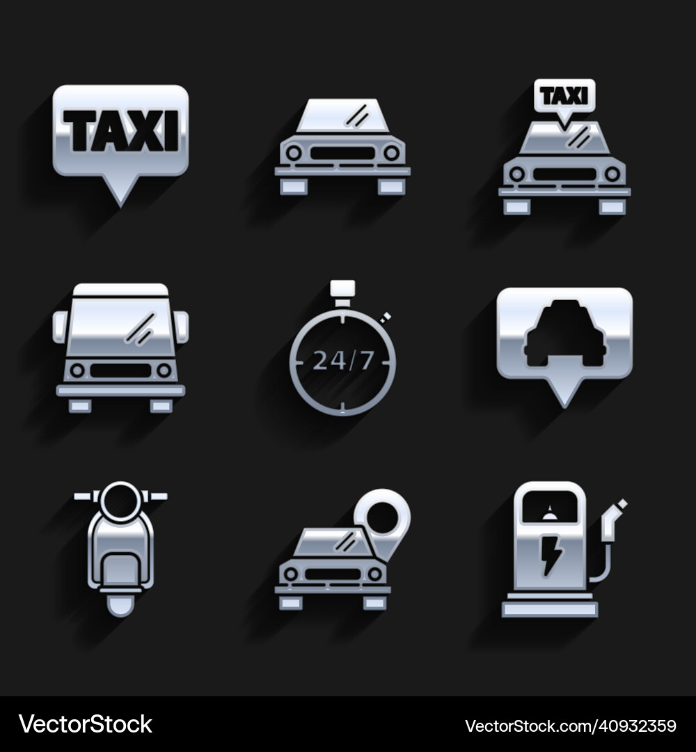 Set stopwatch 24 hours map pointer with taxi Vector Image