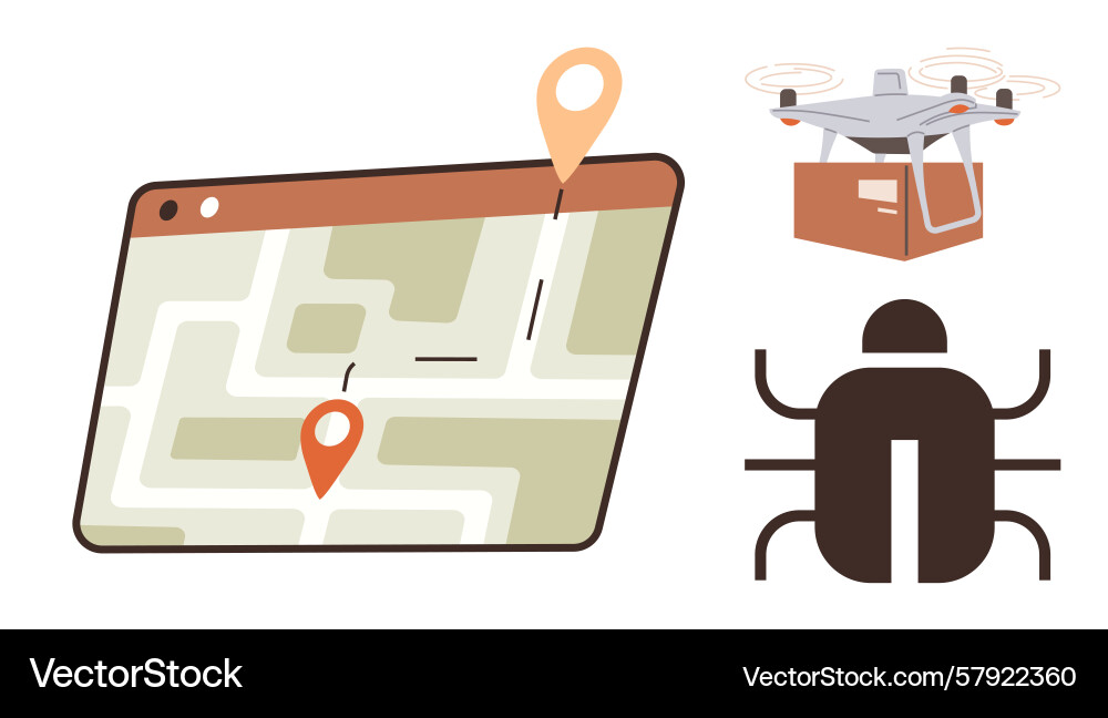 Drone delivery with gps navigation and bug concept Vector Image