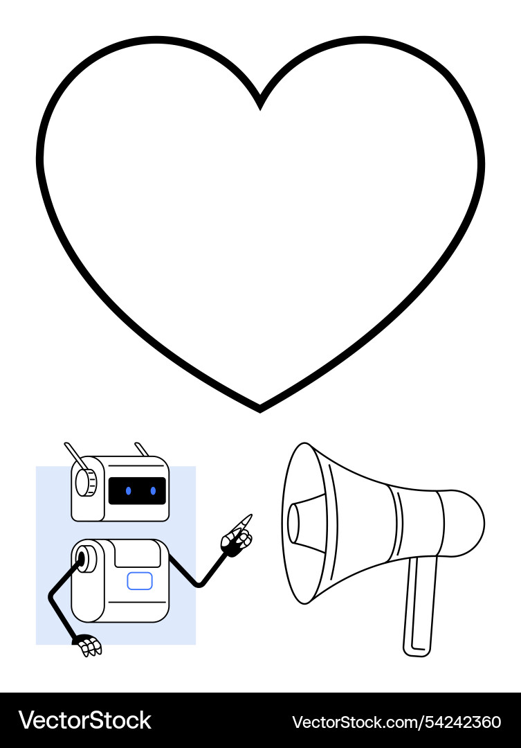 Heart outline with robot and megaphone emphasizing Heart outline with robot and megaphone emphasizing Vector Image