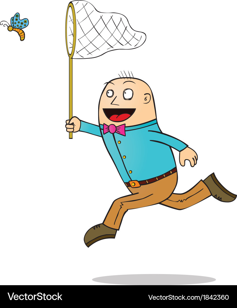 Man Chasing Butterfly with Net Vector Image