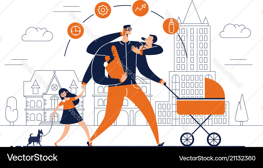 Man with task icons around head and several arms Man with task icons around head and several arms Vector Image