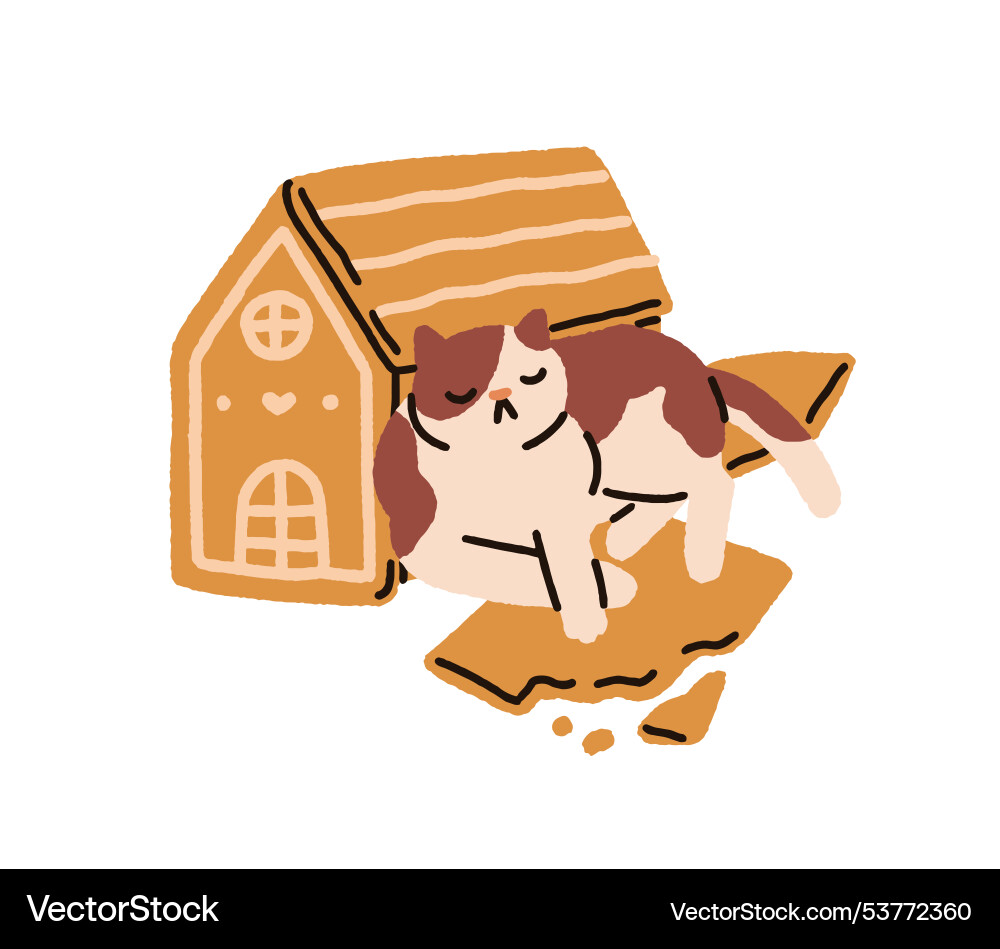 Naughty cat sleeping by broken gingerbread house Naughty cat sleeping by broken gingerbread house vector image