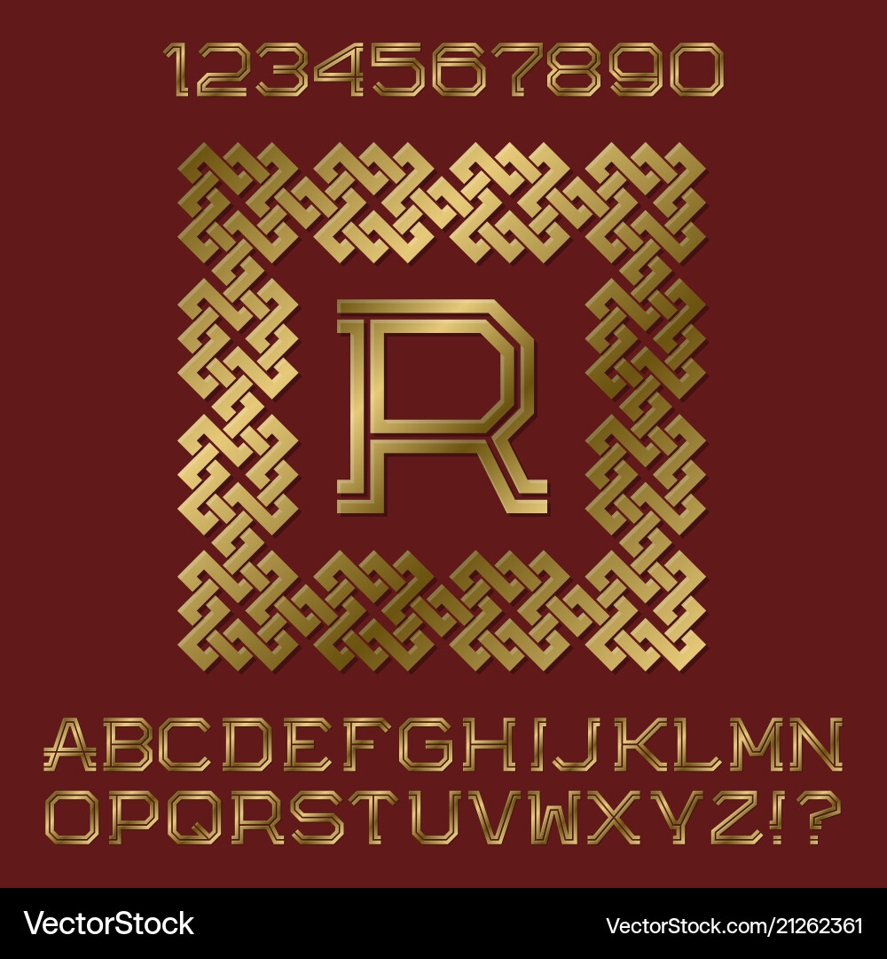 Golden angular letters and numbers of two stripes Golden angular letters and numbers of two stripes vector image