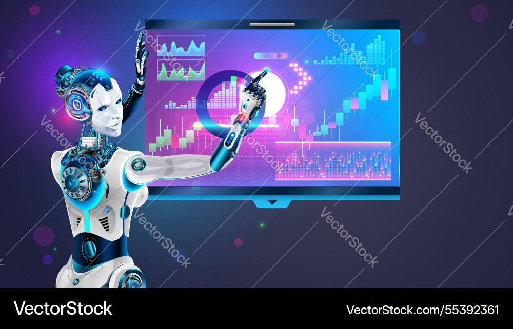 Robot ai trader analysiert Diagramm der Börse Robot ai trader analysiert Diagramm der Börse vektorbild