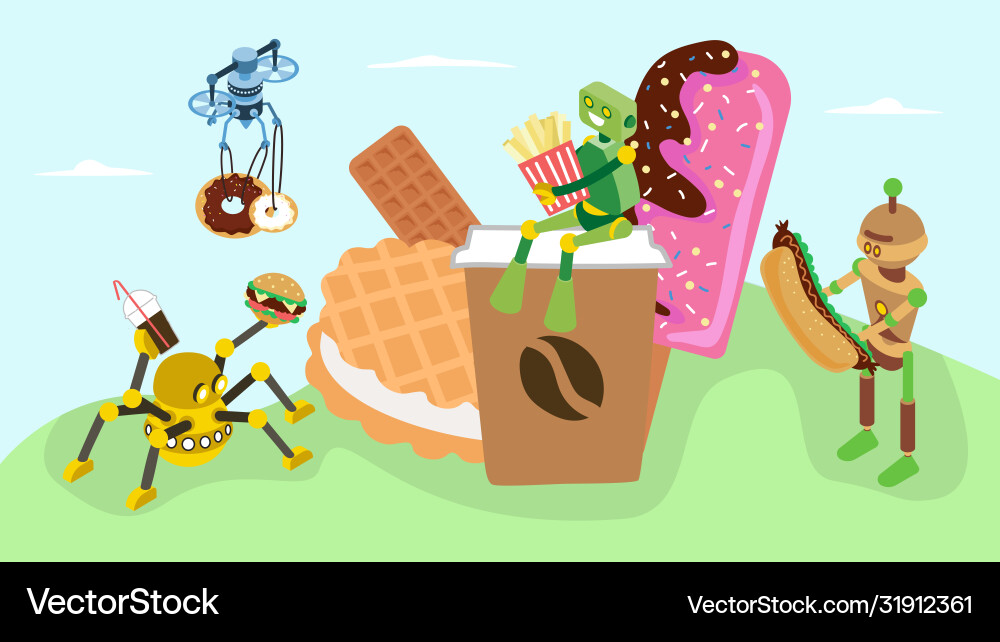 Tiny character robot artificial intelligence eat Tiny character robot artificial intelligence eat vector image