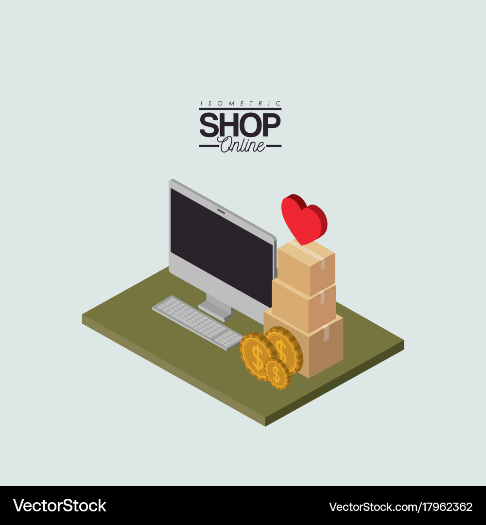 Desktop computer and coins cardboard boxes vector image