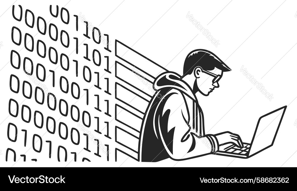 Personencodierung auf Laptop mit binärem Datendesign Vektorbild