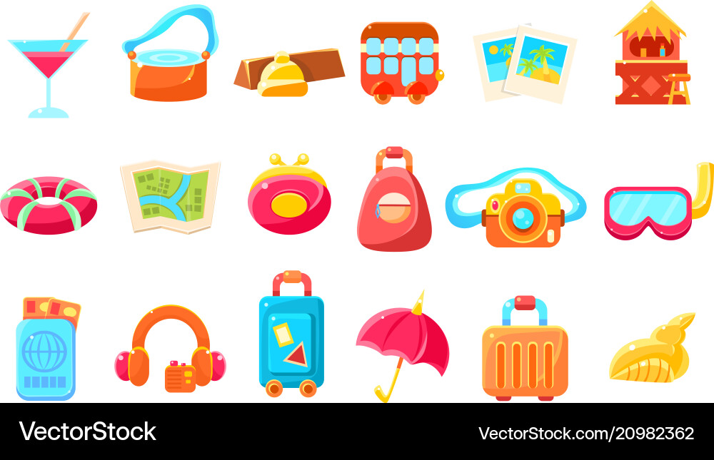 Travel related objects colorful simplified icons Travel related objects colorful simplified icons vector image