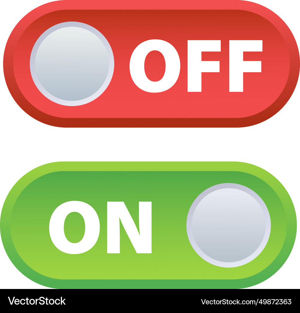 On and off toggle switch buttons in green red On and off toggle switch buttons in green red vector image