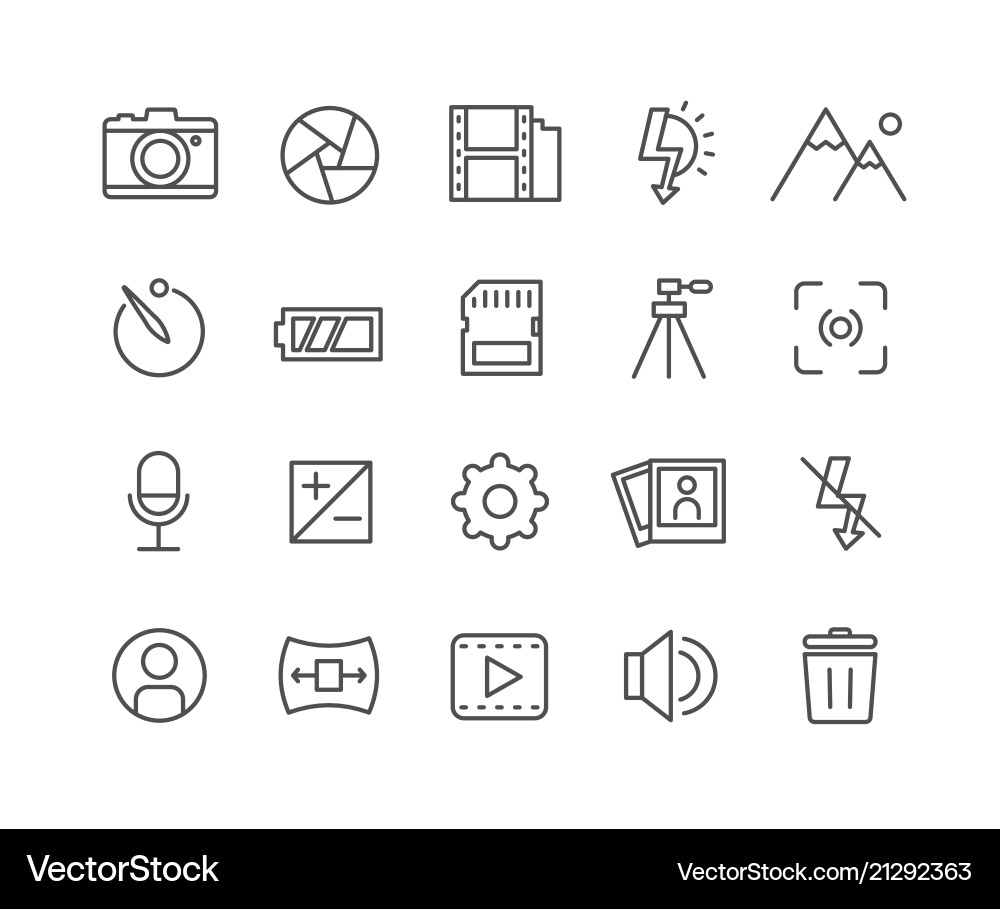 Simple set of camera thin line icons vector image
