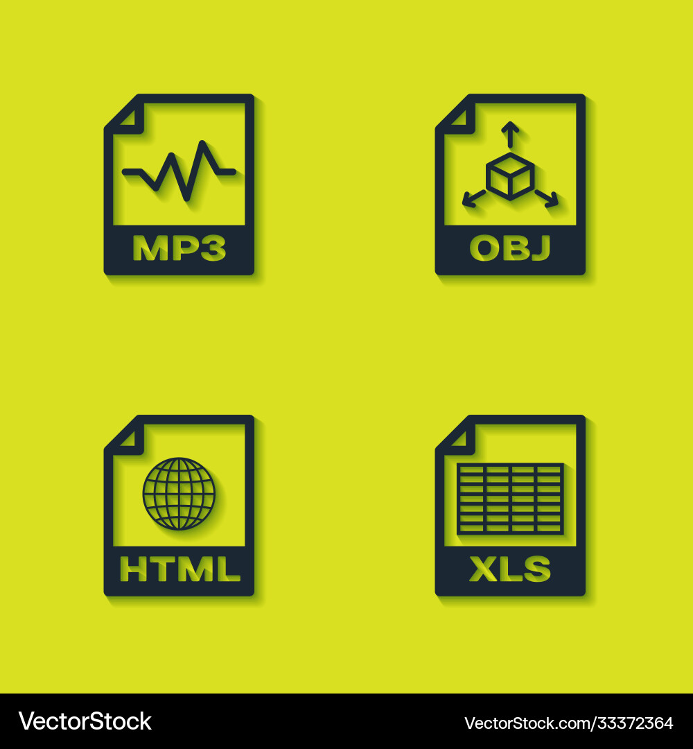 Legen Sie mp3 Dateidokument xls html und obj Symbol Legen Sie mp3 Dateidokument xls html und obj Symbol vektorbild