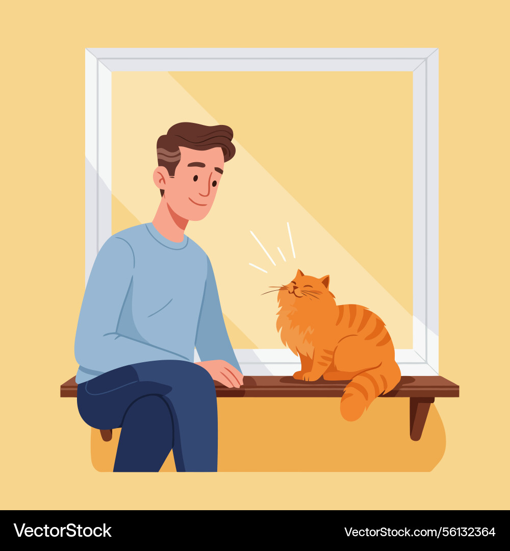 Man and ginger cat sitting by window enjoying Vector Image