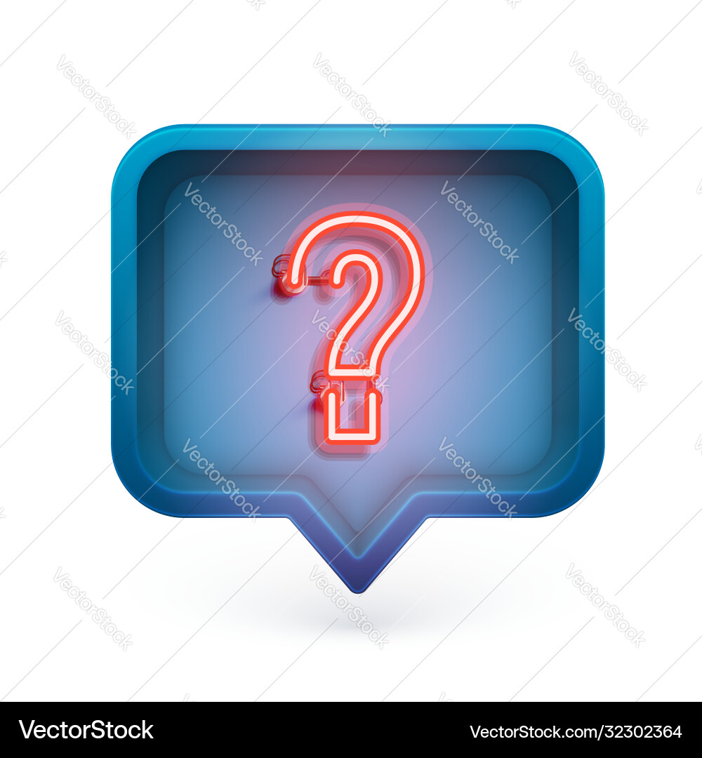 Neon question mark in a 3d speech box vector image