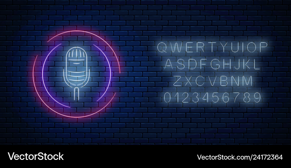 Neon sign with microphone in round frame Neon sign with microphone in round frame Vector Image