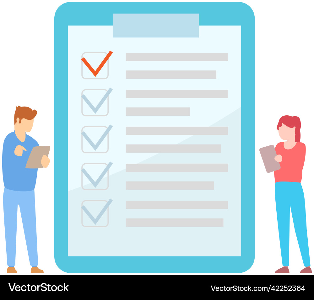 Two office workers check checklist mark completion Two office workers check checklist mark completion vector image