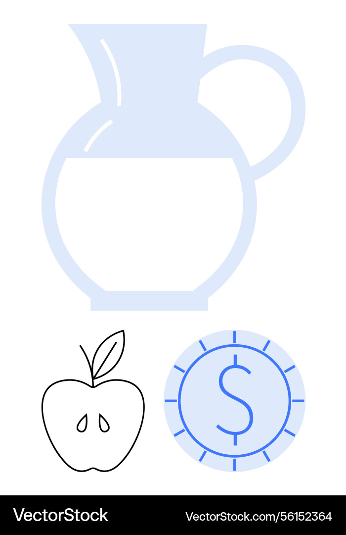 Water pitcher with apple and coin representing Vector Image