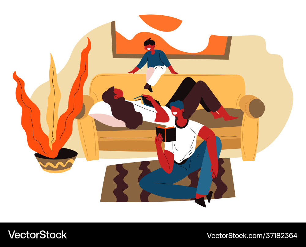 Woman and man reading book kid playing on sofa vector image