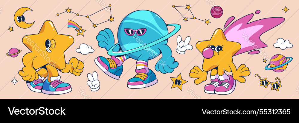 Groovy universe cartoon characters set Groovy universe cartoon characters set Vector Image