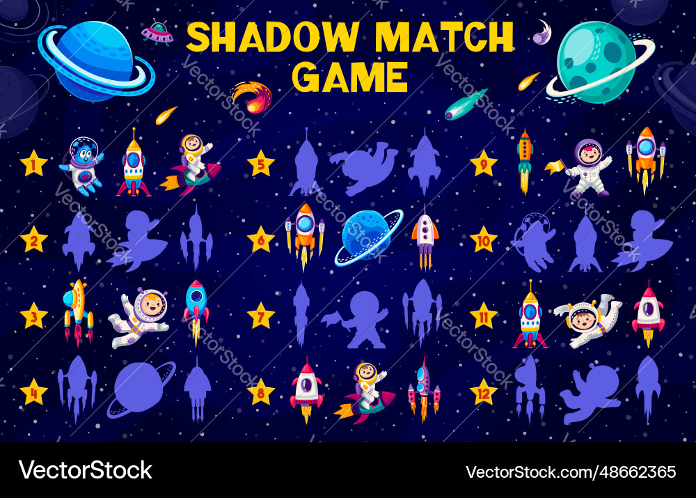 Shadow match game with planet rocket astronaut Shadow match game with planet rocket astronaut vector image