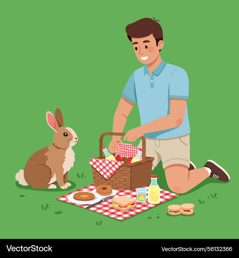 Man preparing picnic with rabbit in green field Vector Image