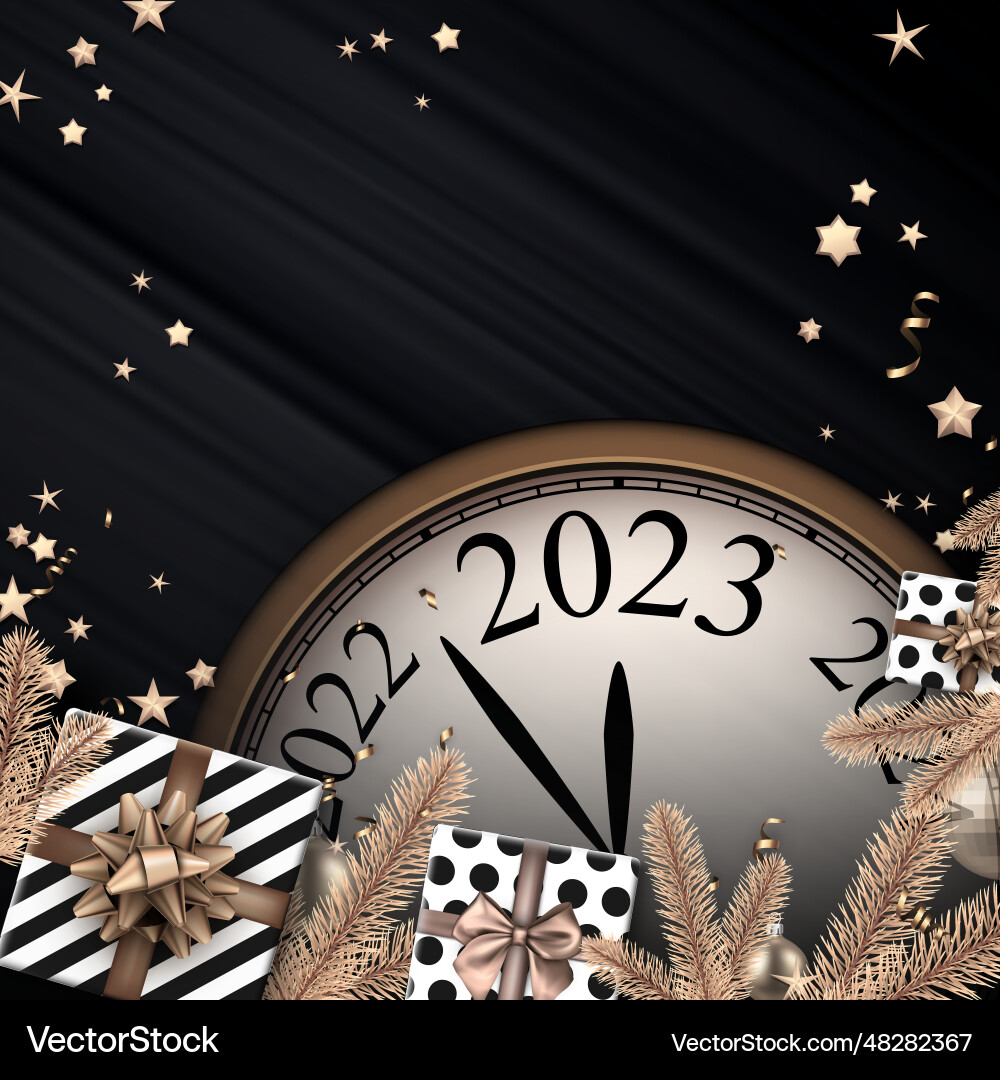 Half-hidden clock showing 2023 with stars Half-hidden clock showing 2023 with stars vector image