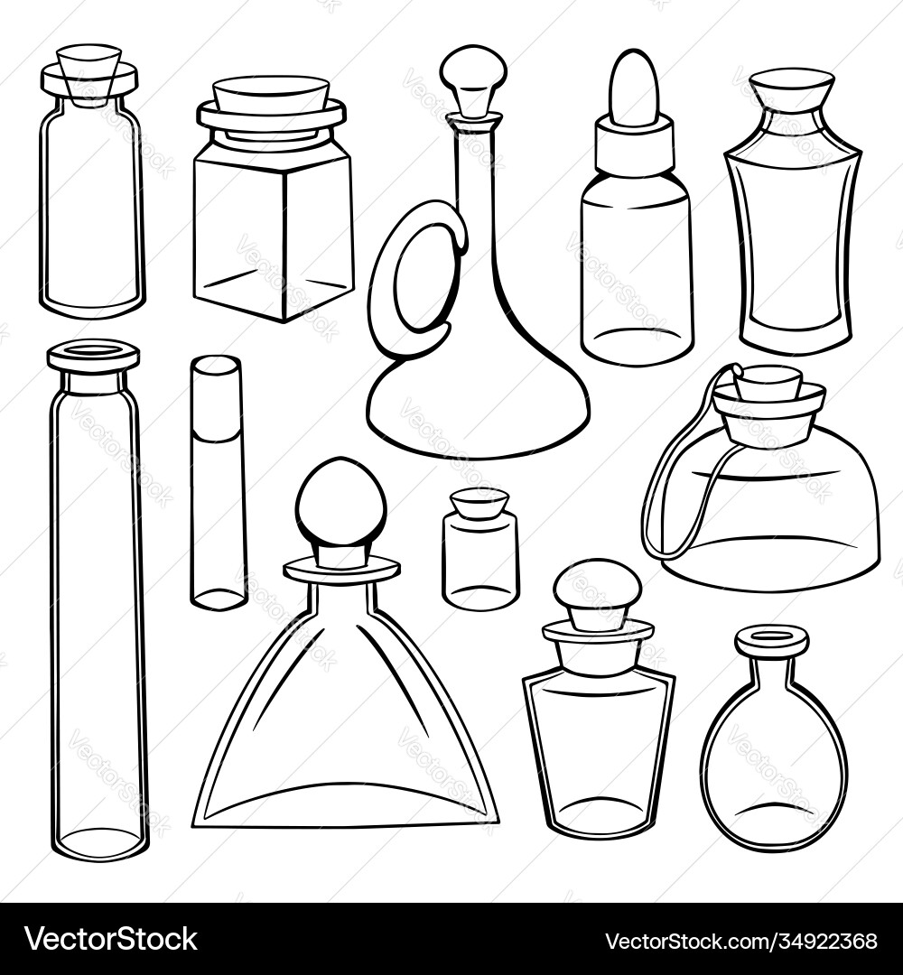 Contour sketch bottles flasks and jars Vector Image
