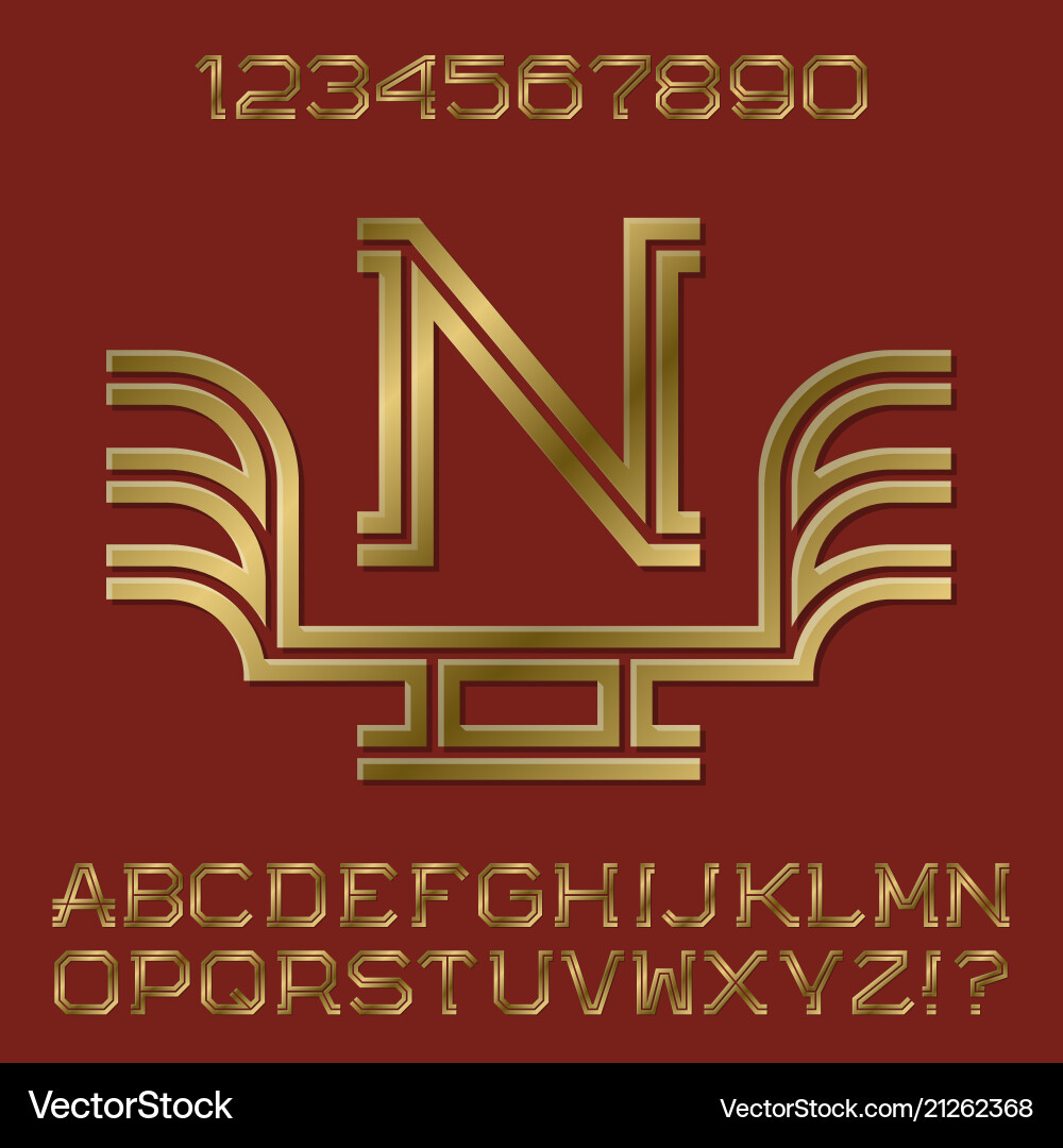 Golden angular letters and numbers of two stripes Golden angular letters and numbers of two stripes vector image