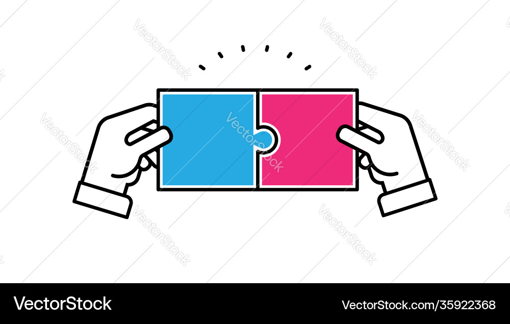 Hands holding two jigsaw puzzle pieces together Hands holding two jigsaw puzzle pieces together vector image