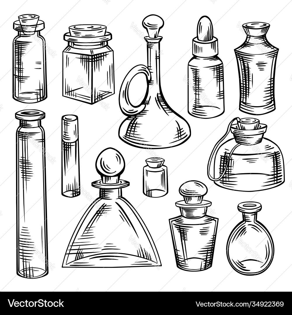 Contour sketch bottles flasks and jars Vector Image